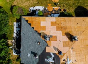 A person on a ladder using a roof rake to clear leaves from a shingled house roof surrounded by trees.