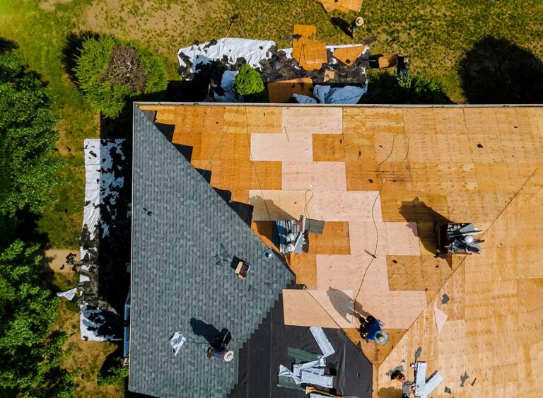 A person on a ladder using a roof rake to clear leaves from a shingled house roof surrounded by trees.
